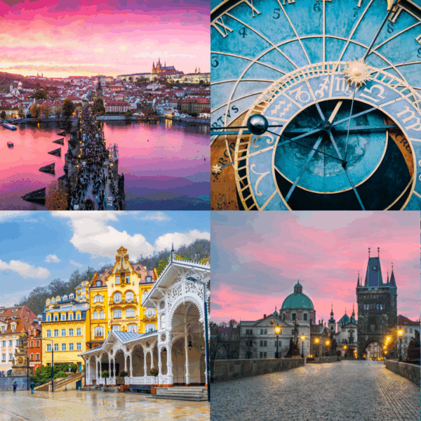 Vista del Puente de Carlos y el Castillo de Praga al atardecer, el Reloj Astronómico, la arquitectura termal de Karlovy Vary y la Ciudad Vieja de Praga, joyas de Bohemia.